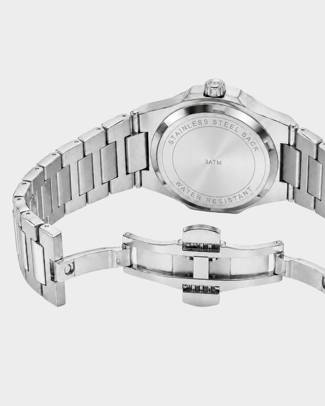 Image of William Corbier CREST Alpine men's white dial steel watch, case back and bracelet clasp