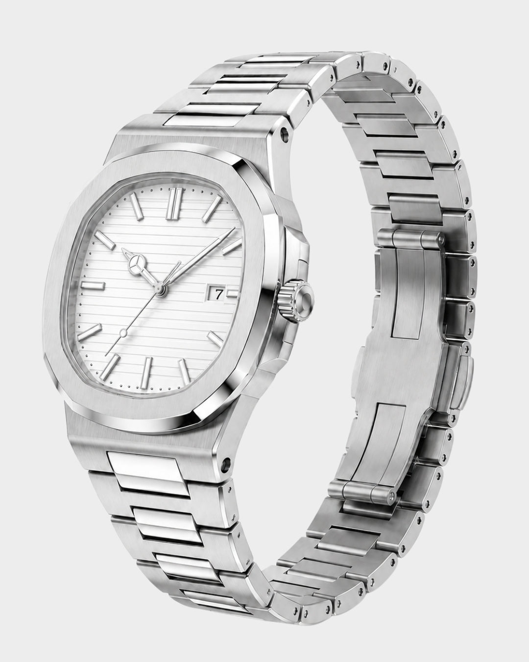 William Corbier CREST Alpine men's white dial steel watch, three-quarter view with the bracelet