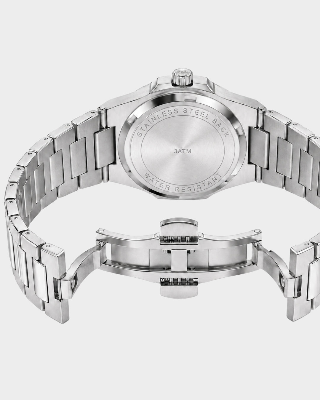Image of William Corbier CREST Azure Tide men's blue dial steel watch, case back and bracelet clasp
