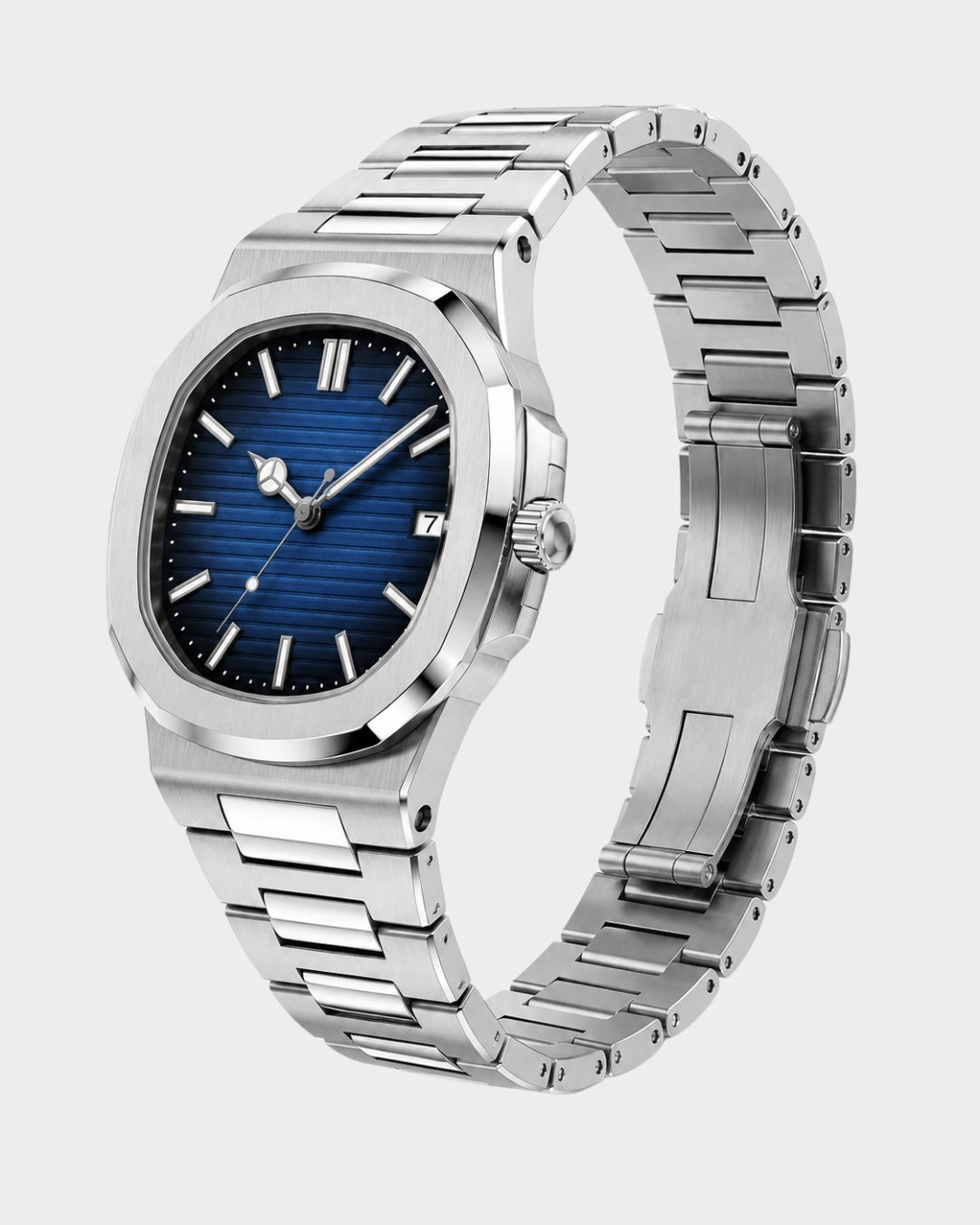 Image of William Corbier CREST Azure Tide men's blue dial steel watch, three-quarter view with the bracelet