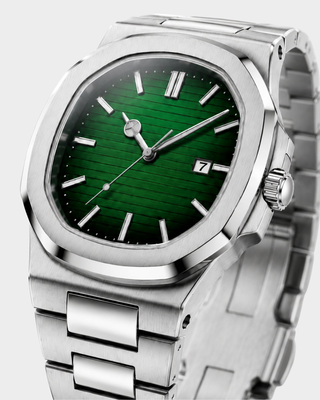 William Corbier CREST Emerald men's green dial steel watch, close-up of the dial
