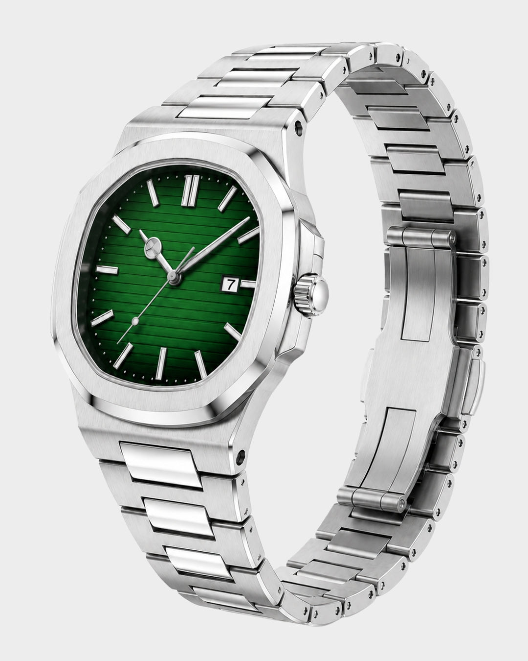 Image of William Corbier CREST Emerald men's green dial steel watch, three-quarter view with the bracelet