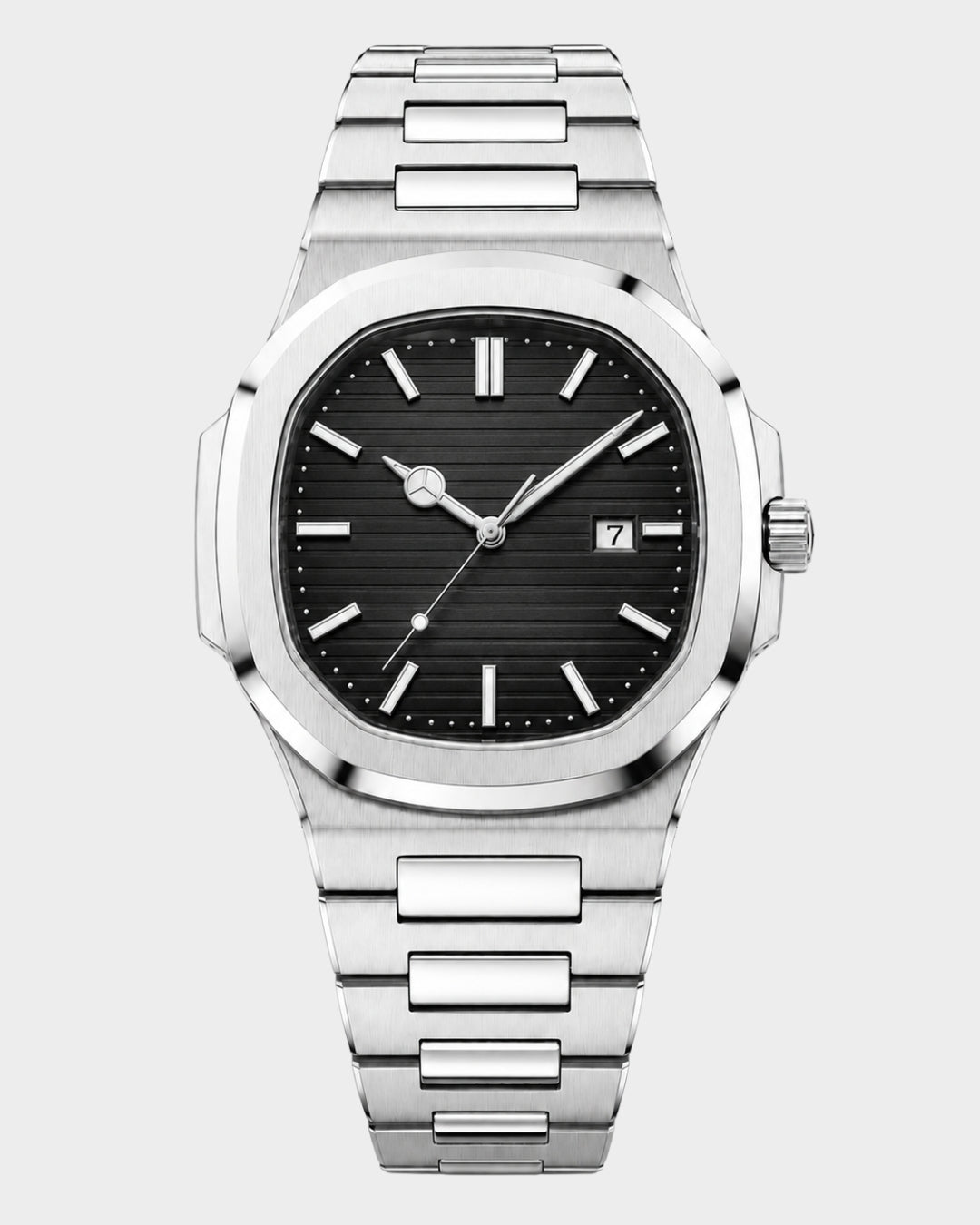 William Corbier CREST Obsidian men's black dial steel watch, front view