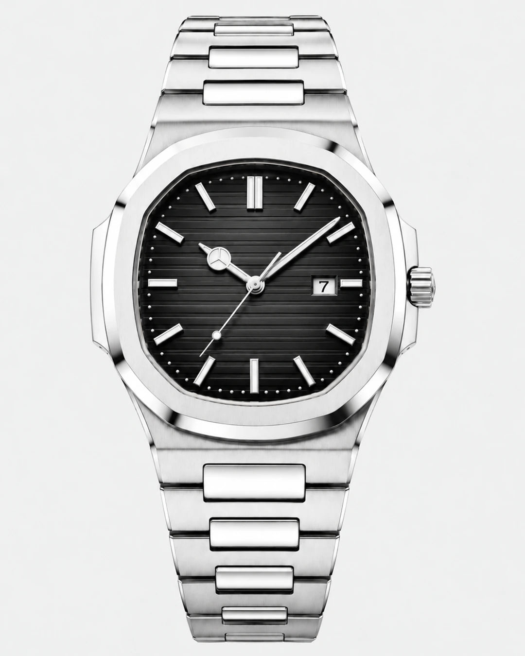 William Corbier CREST Obsidian men's black dial steel watch, front view