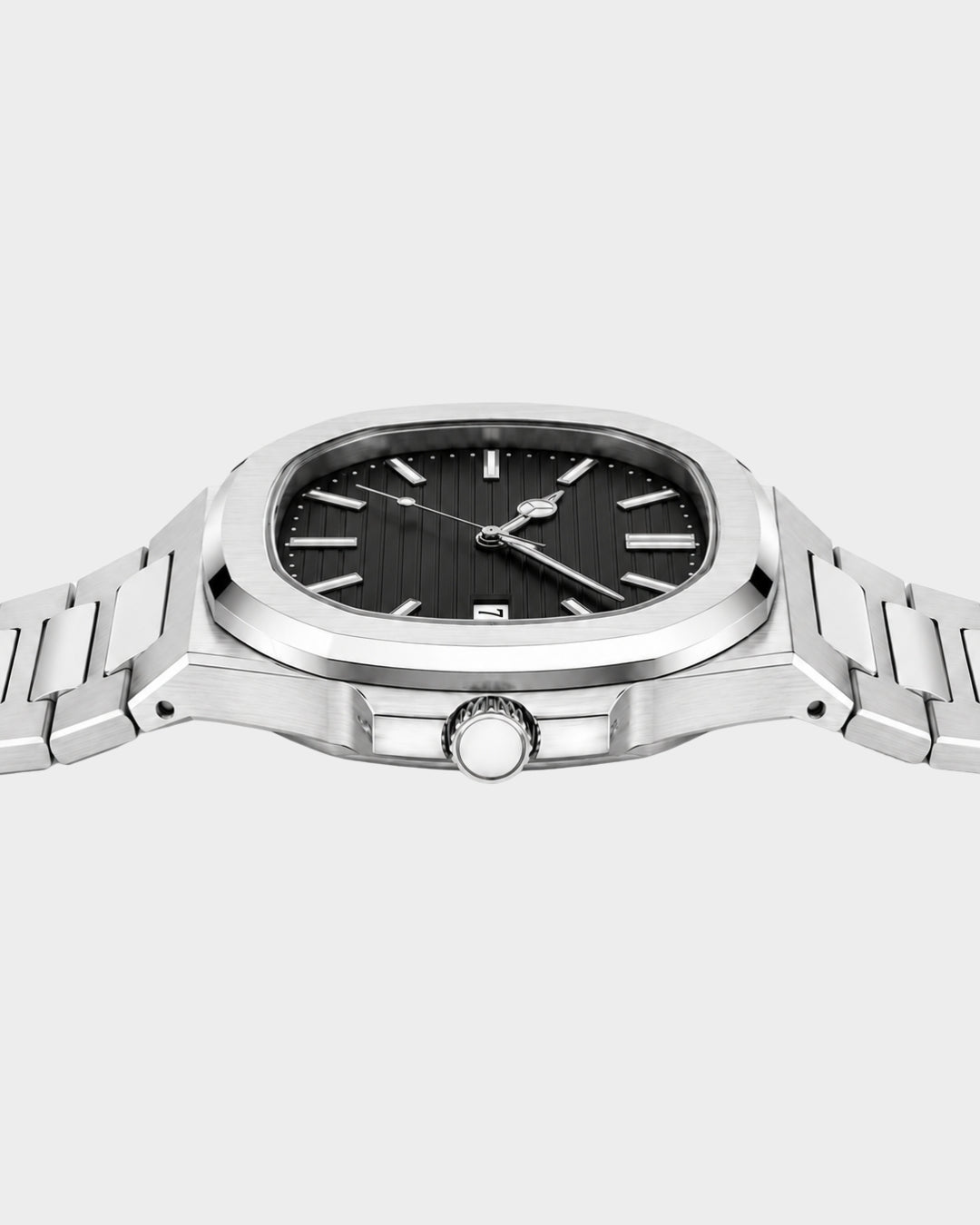 William Corbier CREST Obsidian men's black dial steel watch, side profile