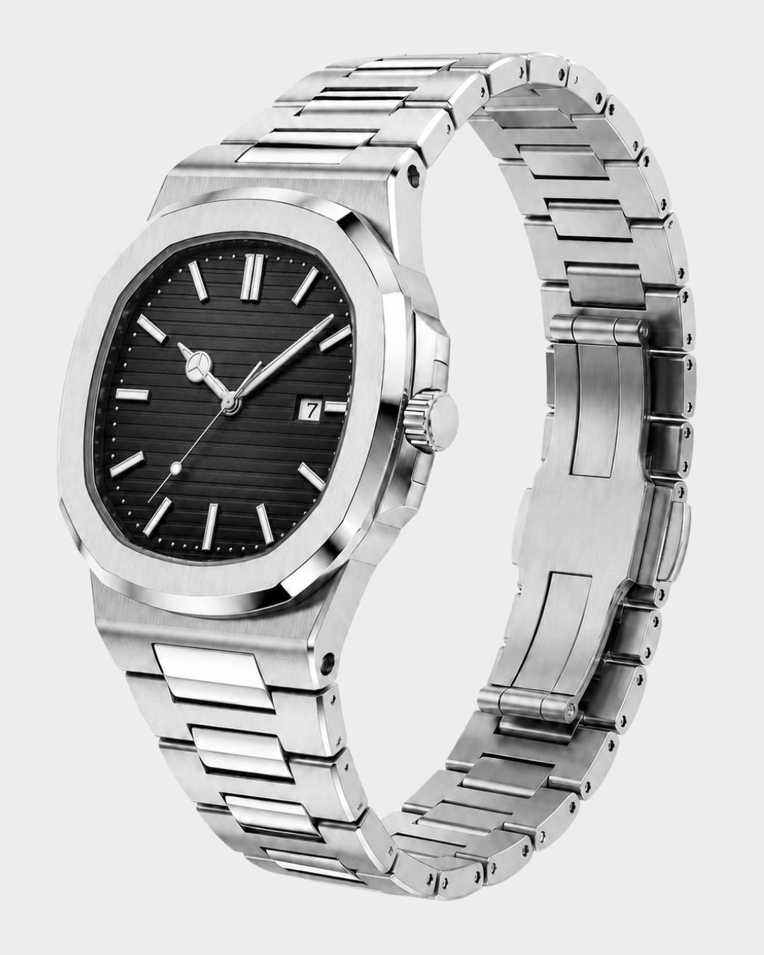 Image of William Corbier CREST Obsidian men's black dial steel watch, three-quarter view with the bracelet