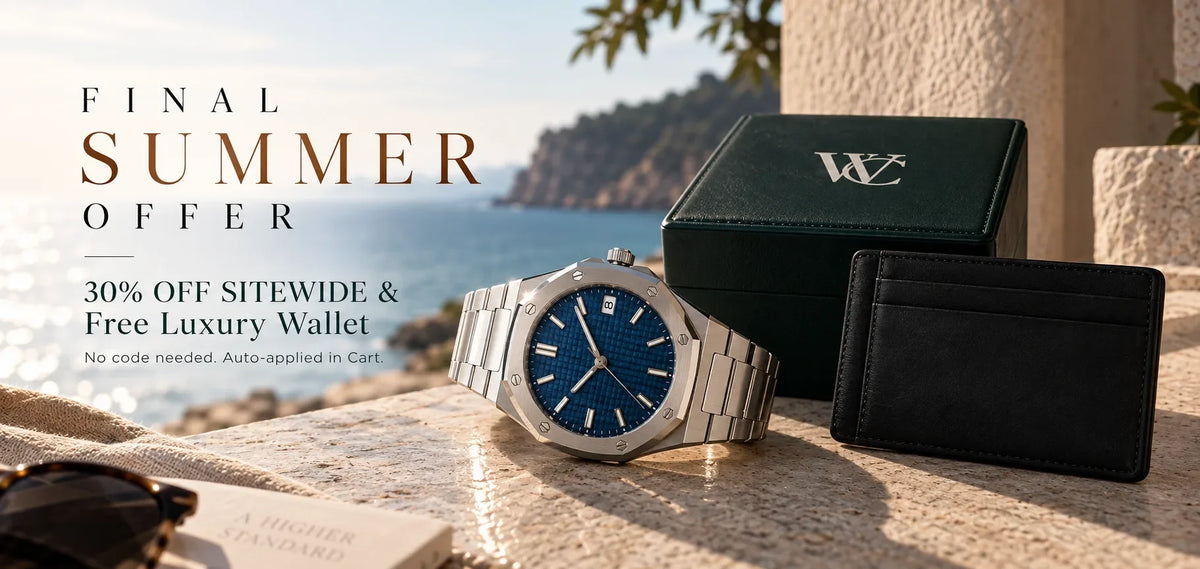 William Corbier Final Summer Offer banner: 30% off sitewide and a free luxury wallet, with a watch and wallet on a sunlit terrace