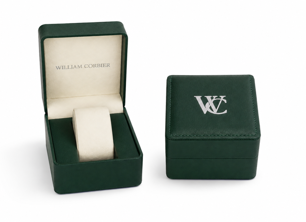Image of Open and closed green William Corbier watch gift boxes