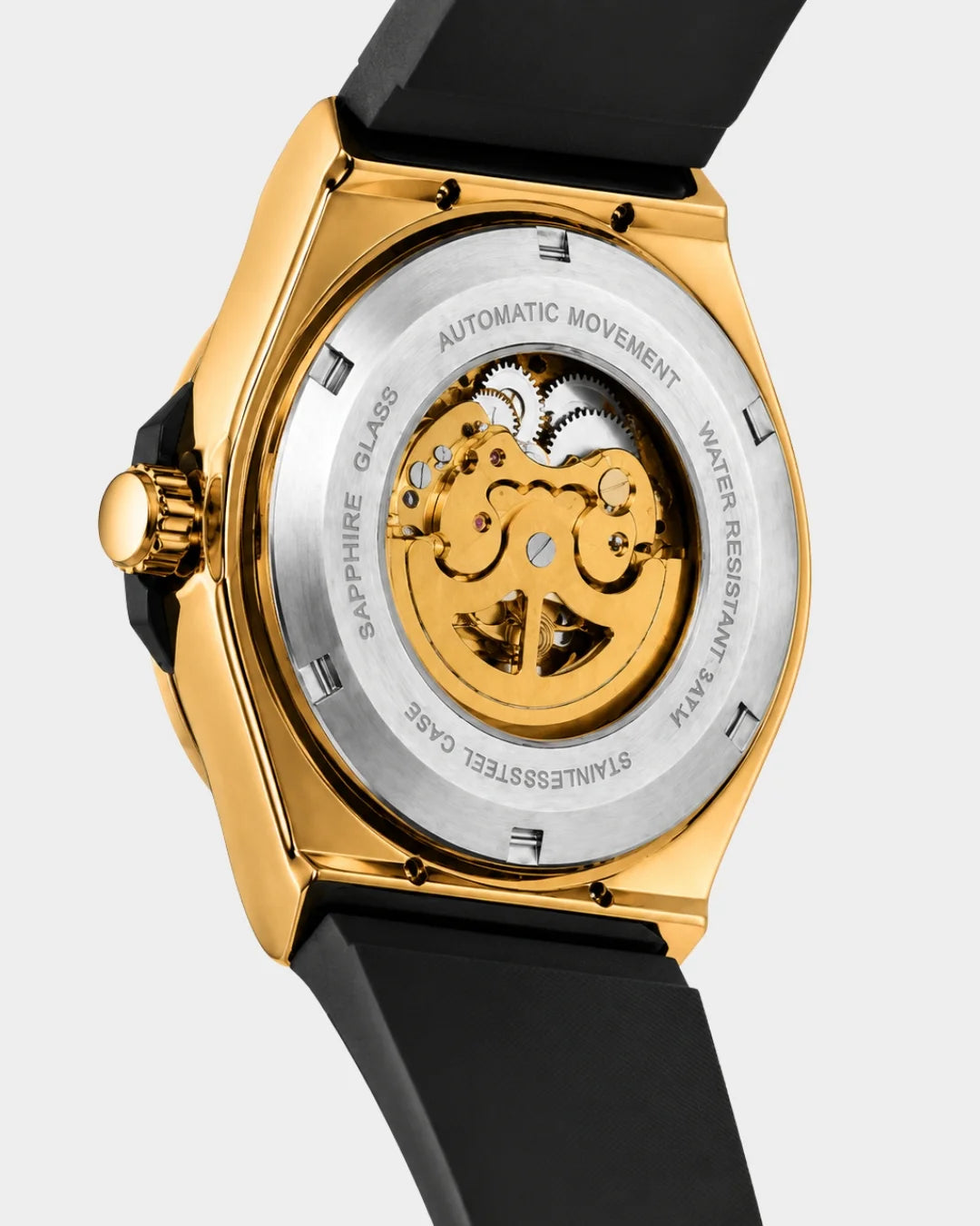 Image of William Corbier MACH Imperial Gold men's automatic skeleton watch, case back with the automatic movement visible