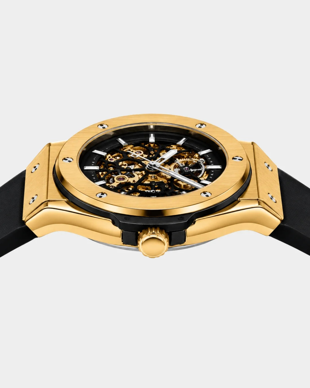 Image of William Corbier MACH Imperial Gold men's automatic skeleton watch, side profile
