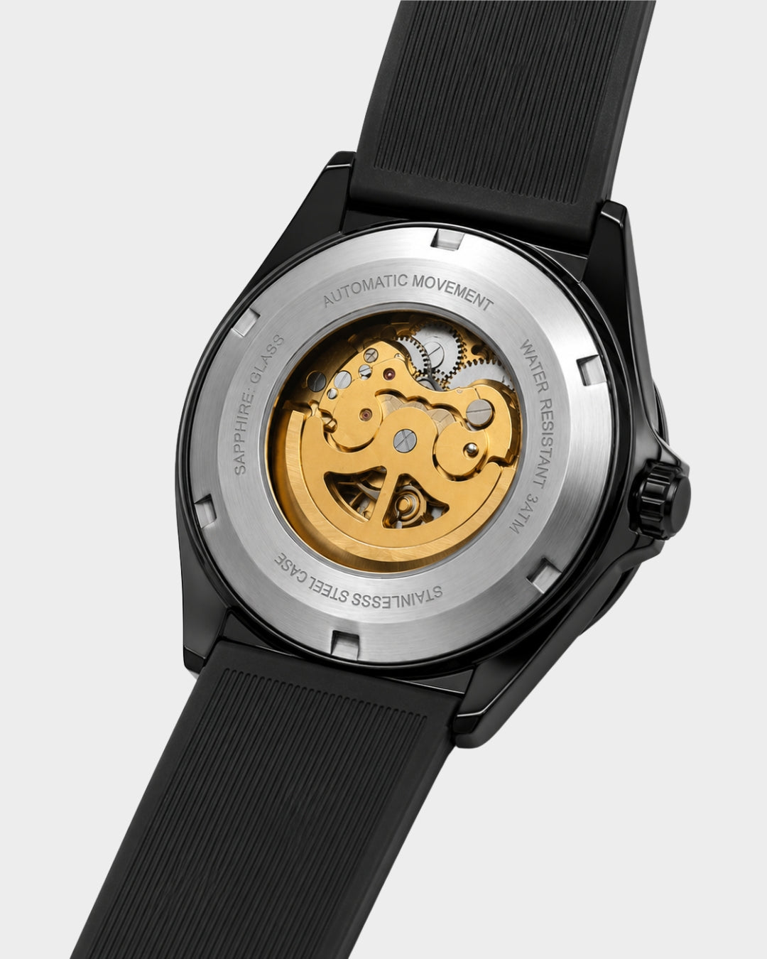 Image of William Corbier MACH Onyx men's automatic skeleton watch, case back with the automatic movement visible