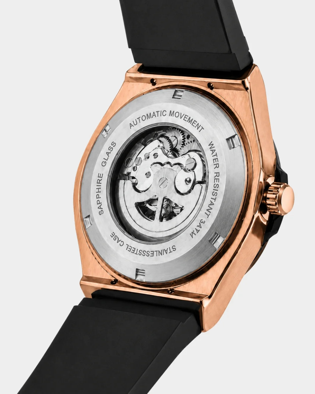 Image of William Corbier MACH Rose Noir men's automatic skeleton watch, case back with the automatic movement visible