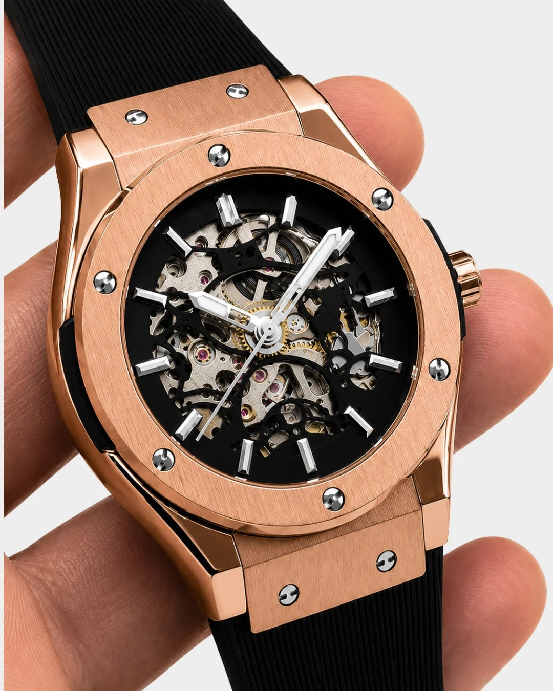 William Corbier MACH Rose Noir men's automatic skeleton watch, held in a hand