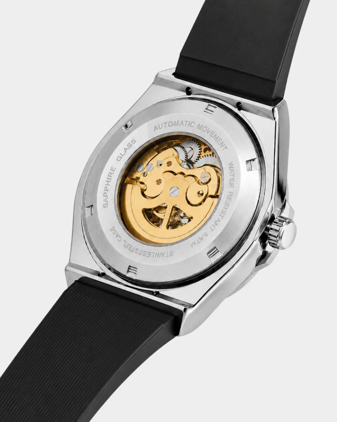William Corbier MACH Silver Mist men's automatic skeleton watch, case back with the automatic movement visible