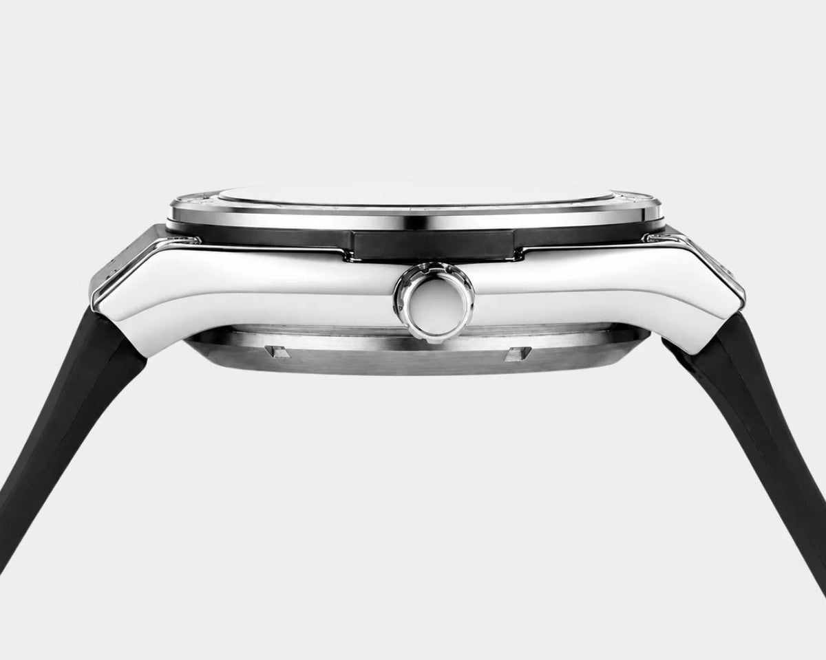William Corbier MACH Silver Mist men's automatic skeleton watch, side profile showing the crown