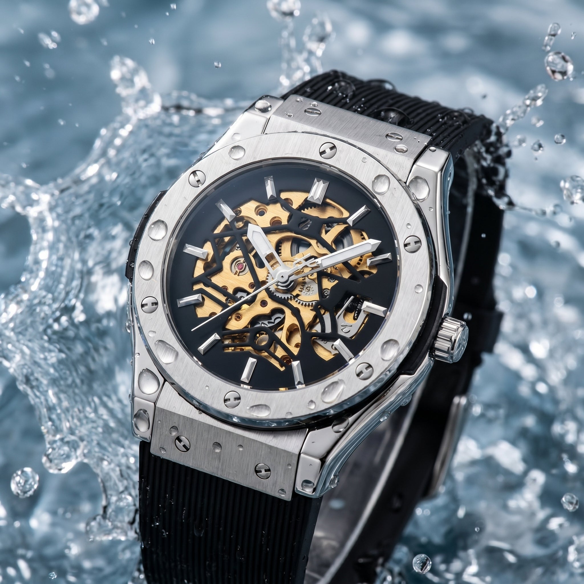 Image of William Corbier MACH Silver Mist men's automatic skeleton watch with a black strap surrounded by a water splash