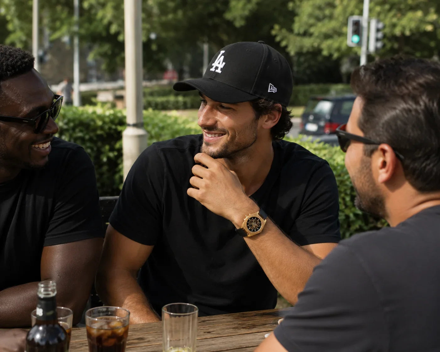Image of Man in a black t-shirt and cap laughing with friends at an outdoor table wearing a gold watch