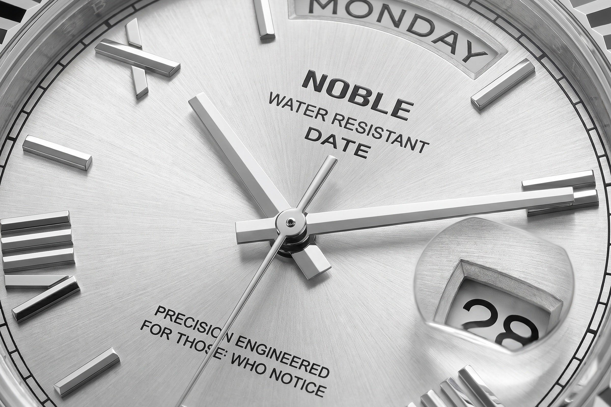 Image of William Corbier NOBLE Alpine men's white dial day-date watch, close-up of the day and date windows