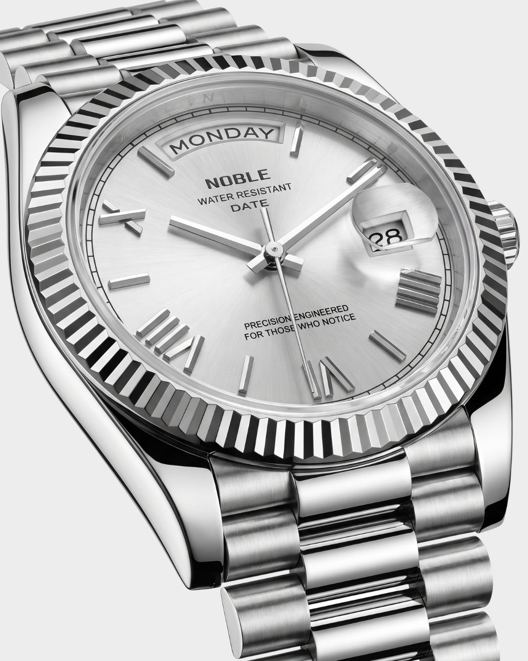 Image of William Corbier NOBLE Alpine men's white dial day-date watch, close-up of the dial