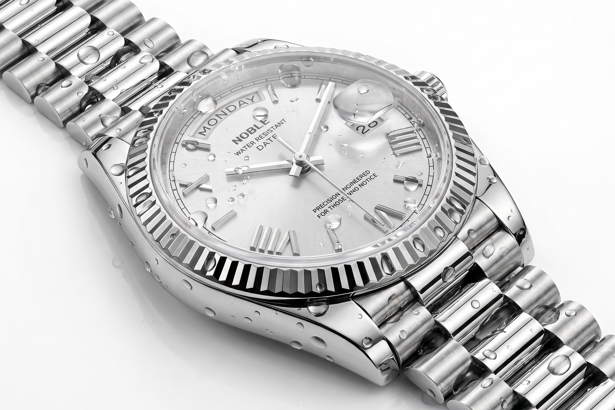 Image of William Corbier NOBLE Alpine men's white dial day-date watch with water droplets on the case