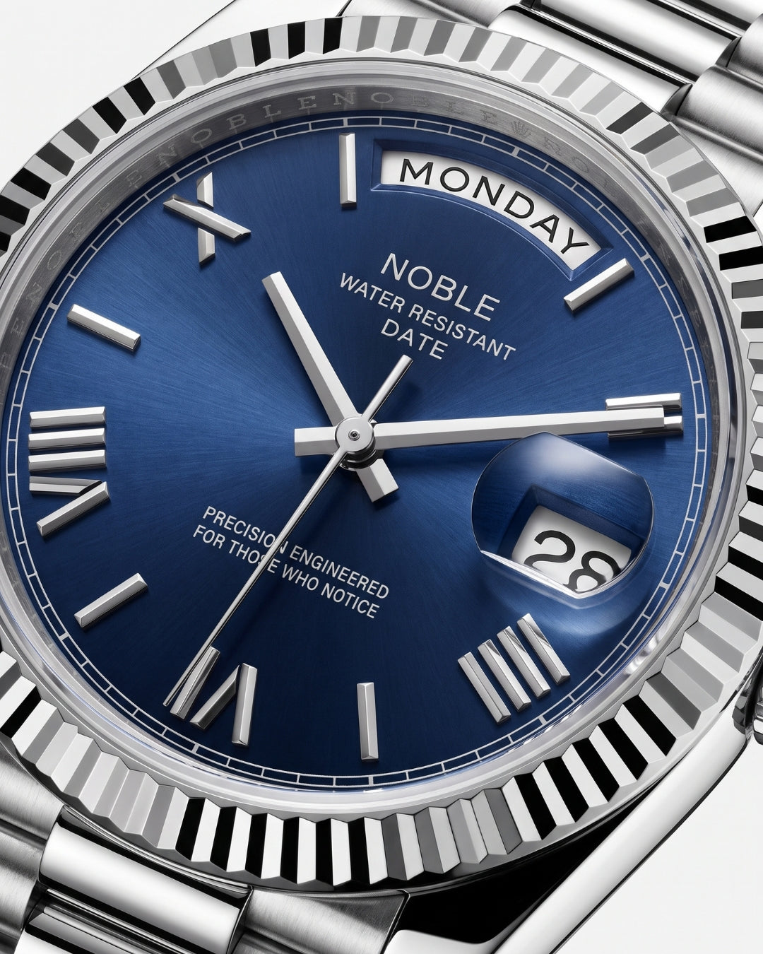 William Corbier NOBLE Dark Azure men's blue dial day-date watch, close-up of the dial