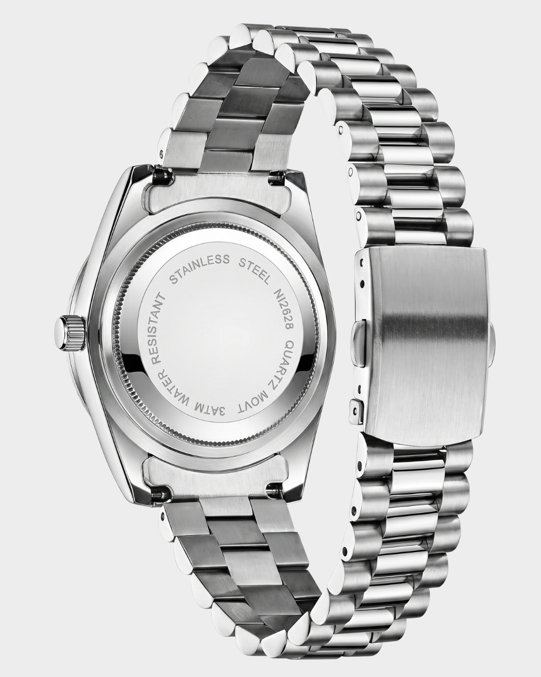 Image of William Corbier NOBLE Emerald men's green dial day-date watch, case back and bracelet clasp