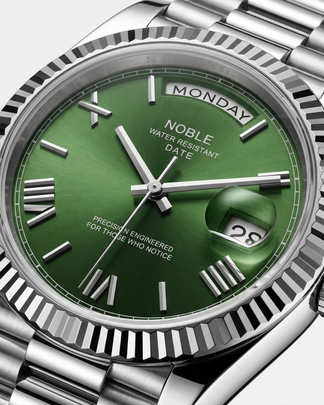 William Corbier NOBLE Emerald men's green dial day-date watch, close-up of the dial