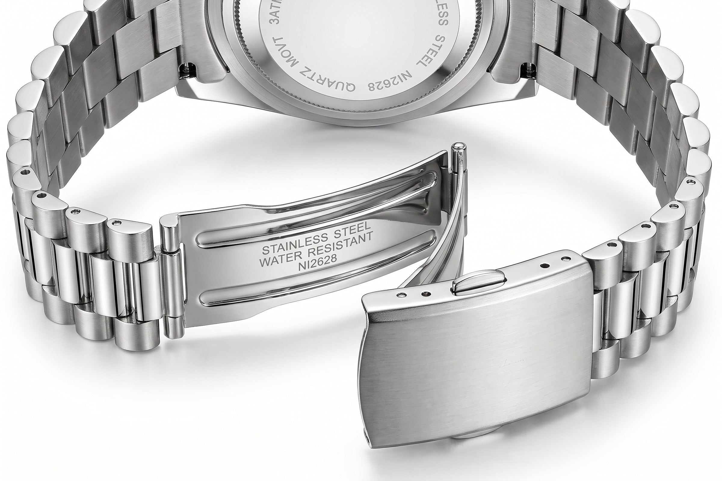Image of William Corbier NOBLE men's day-date watch, case back and open bracelet clasp