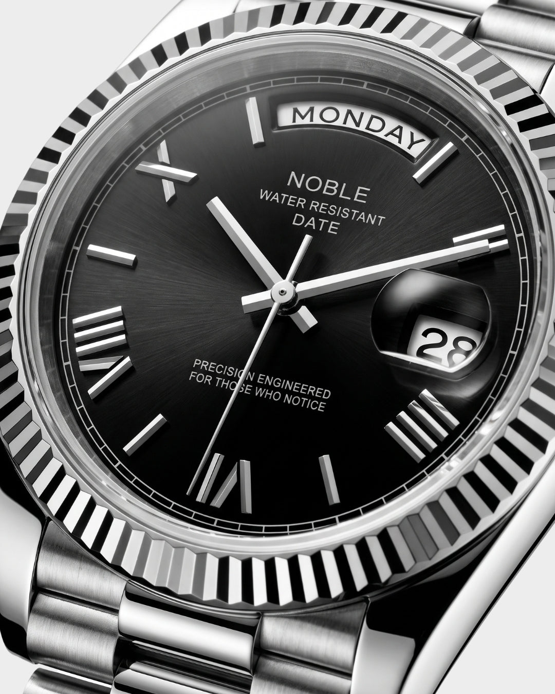 Image of William Corbier NOBLE Obsidian men's black dial day-date watch, close-up of the dial