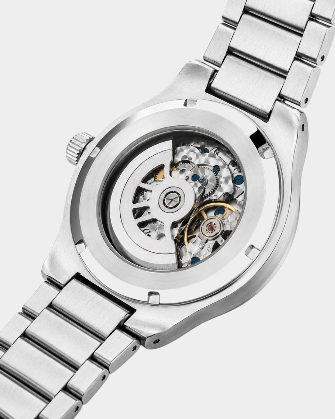 Image of William Corbier PIVOT Alpine men's automatic skeleton watch, case back with the automatic movement visible