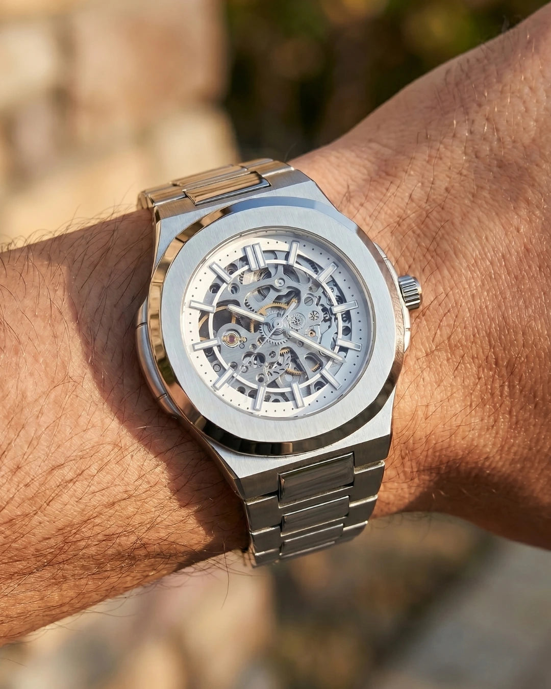 William Corbier PIVOT Alpine men's automatic skeleton watch, worn on a wrist outdoors