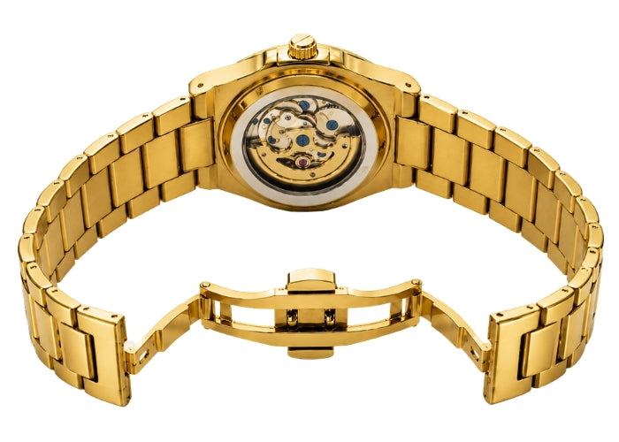 Image of William Corbier PIVOT Imperial Gold men's automatic skeleton watch with its gold bracelet and butterfly clasp open