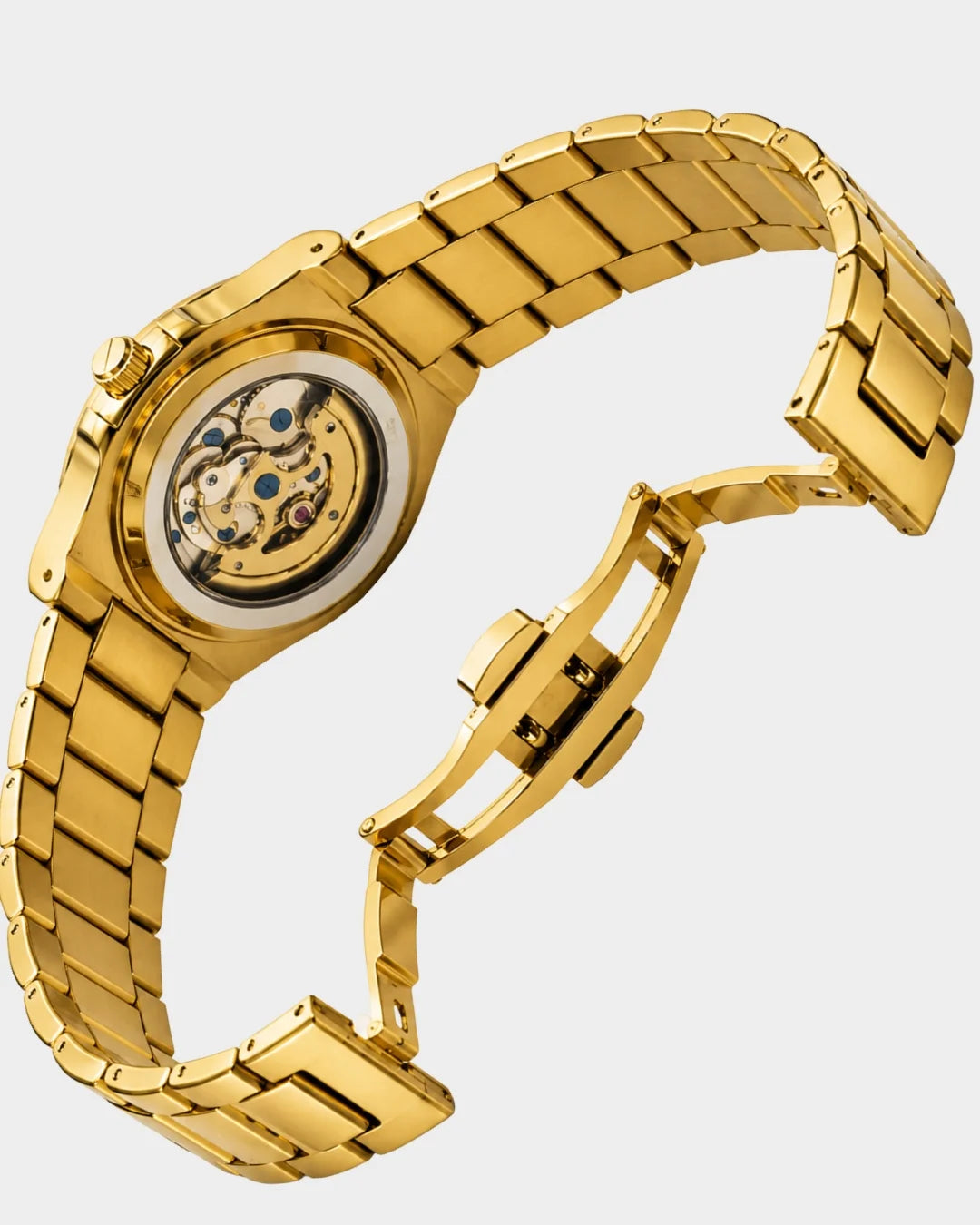 Image of William Corbier PIVOT Imperial Gold men's automatic skeleton watch, bracelet with the butterfly clasp open