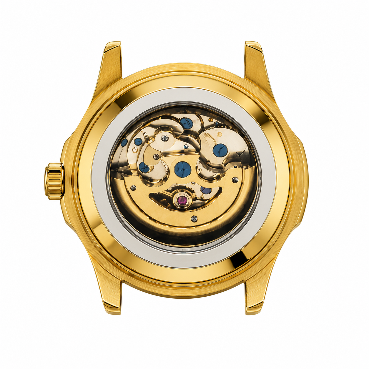 Image of William Corbier PIVOT Imperial Gold watch case with the automatic movement visible through the case back