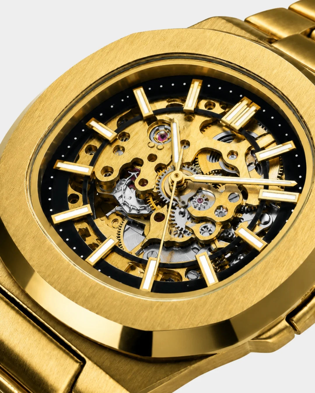 William Corbier PIVOT Imperial Gold men's automatic skeleton watch, close-up of the dial