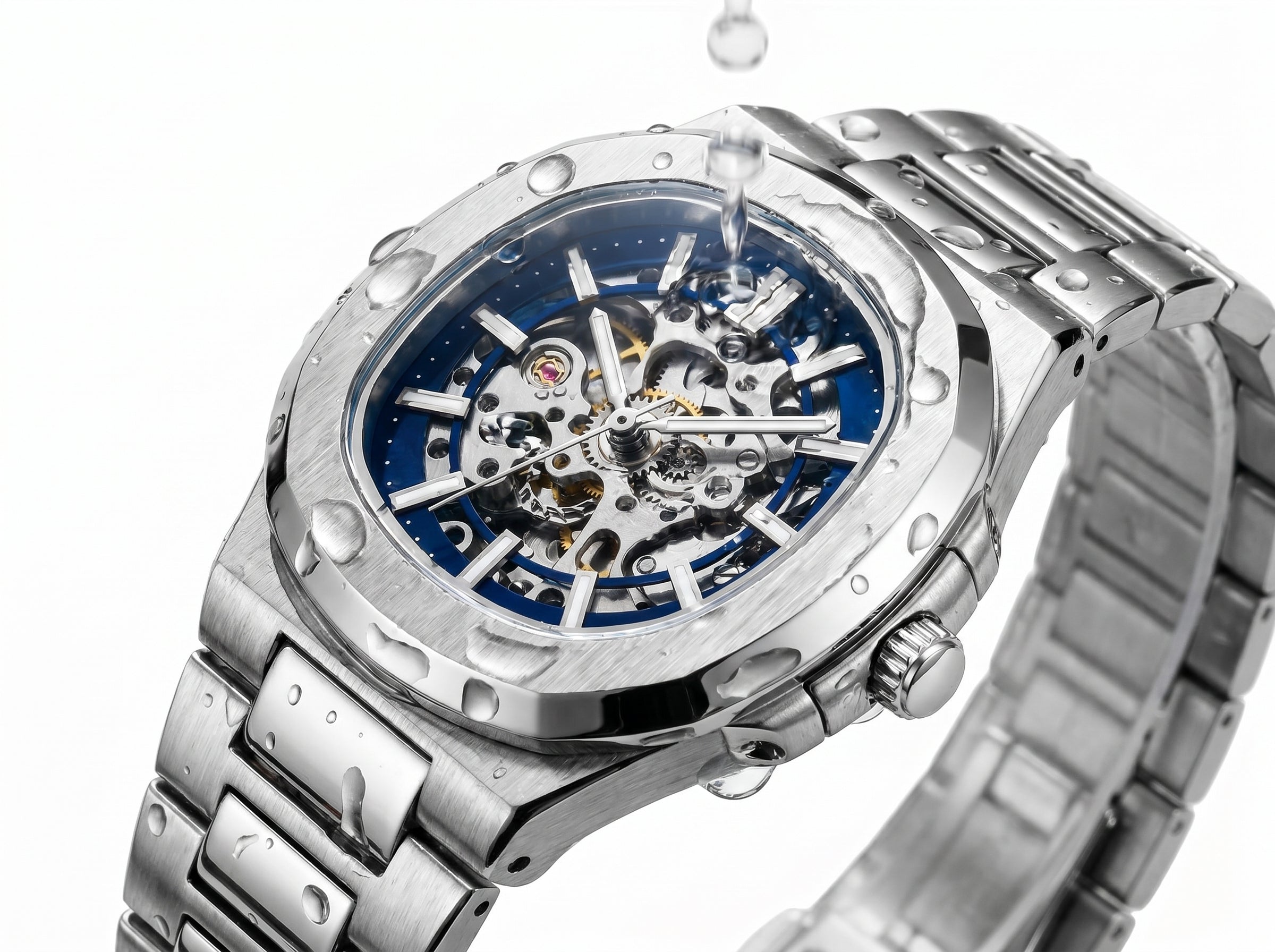 Image of William Corbier PIVOT silver skeleton watch with a blue movement and water droplets on the crystal