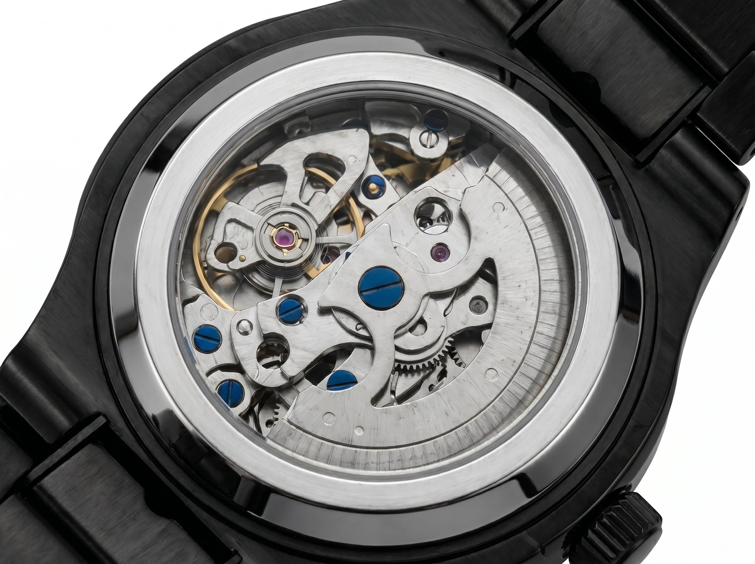Image of William Corbier PIVOT black skeleton watch, automatic movement seen through the case back