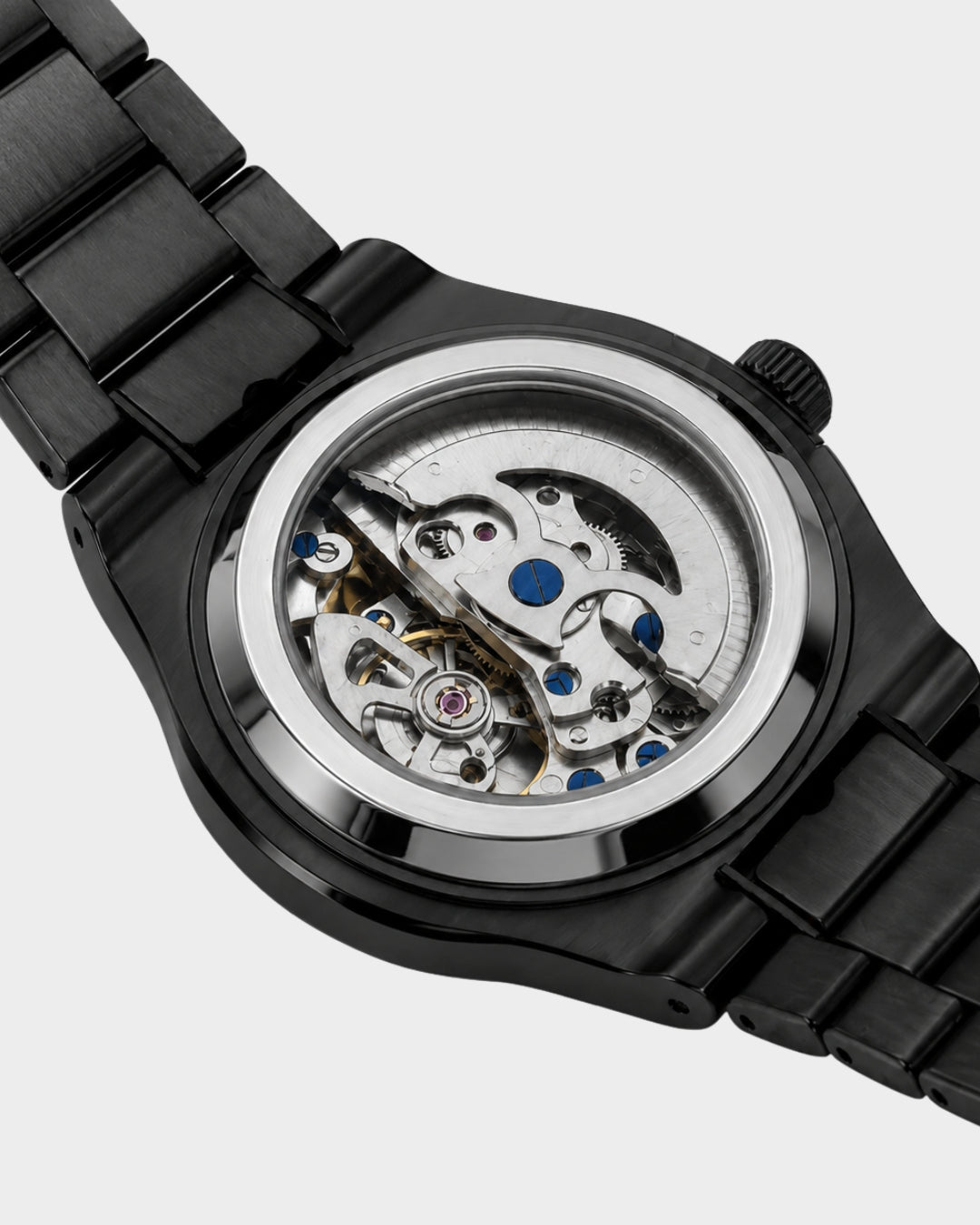 William Corbier PIVOT Onyx men's automatic skeleton watch, case back with the automatic movement visible