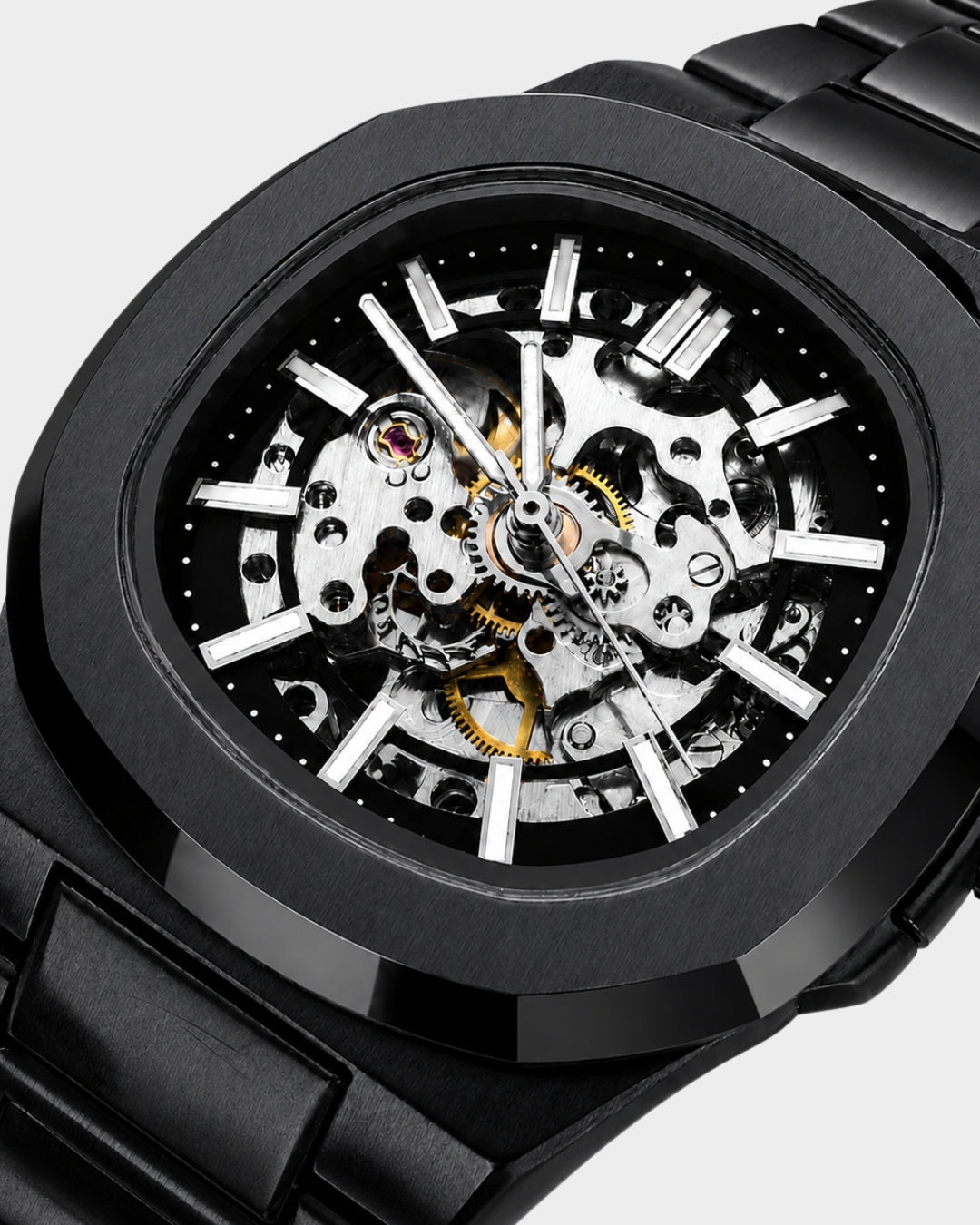 Image of William Corbier PIVOT Onyx men's automatic skeleton watch, close-up of the black skeleton dial