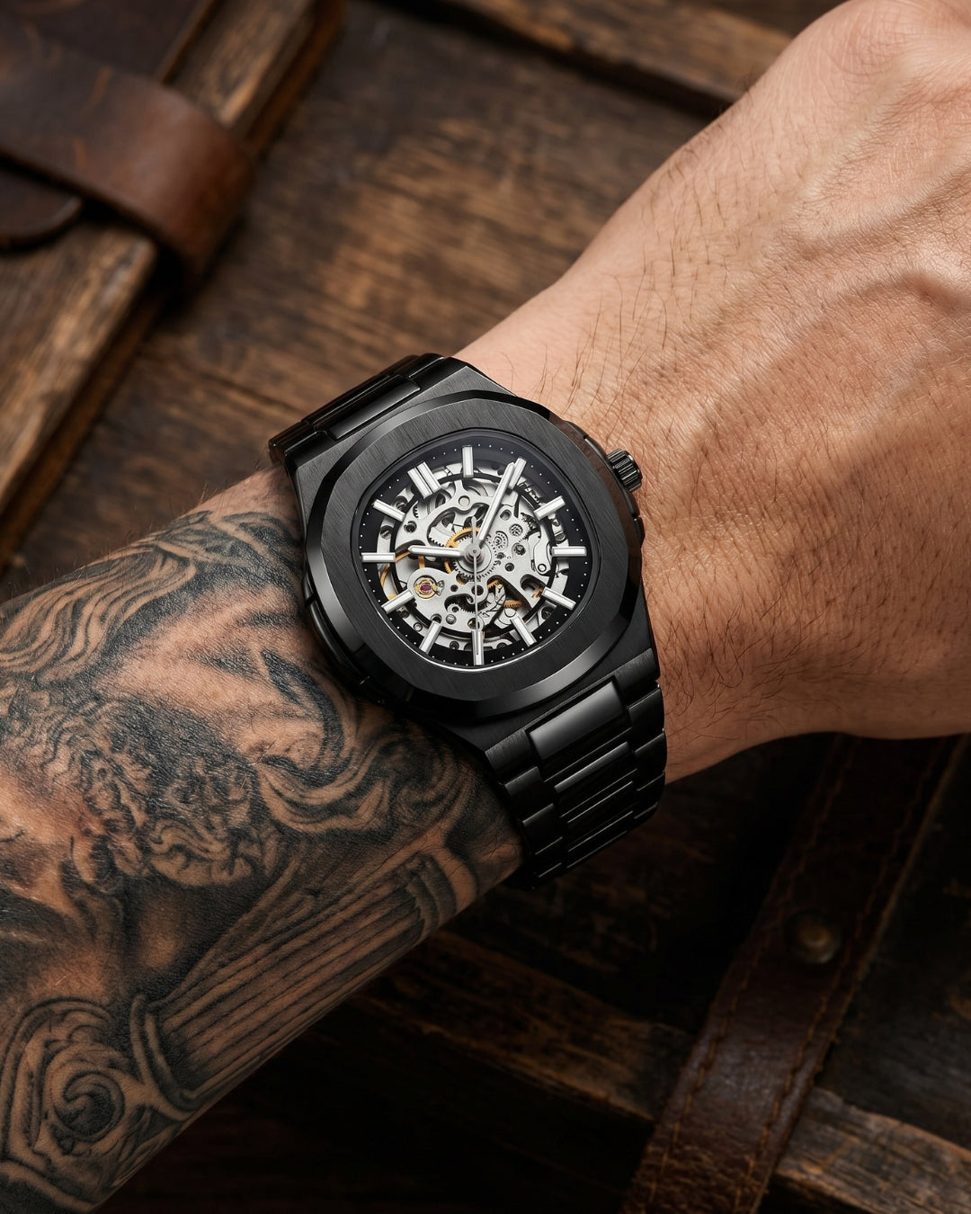 William Corbier PIVOT Onyx men's automatic skeleton watch, worn on a tattooed wrist with a rustic wooden background