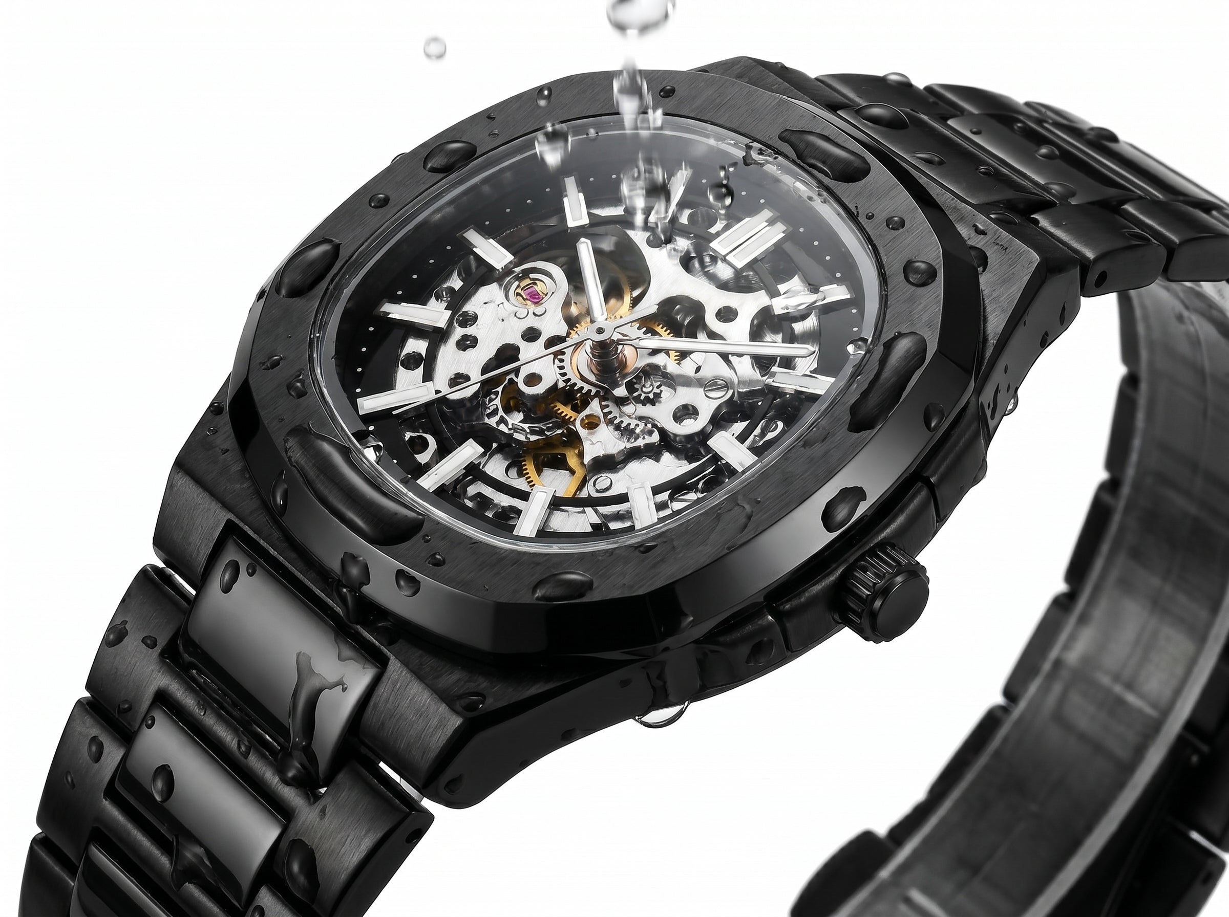 Image of William Corbier PIVOT Onyx men's automatic skeleton watch with water droplets on its black case
