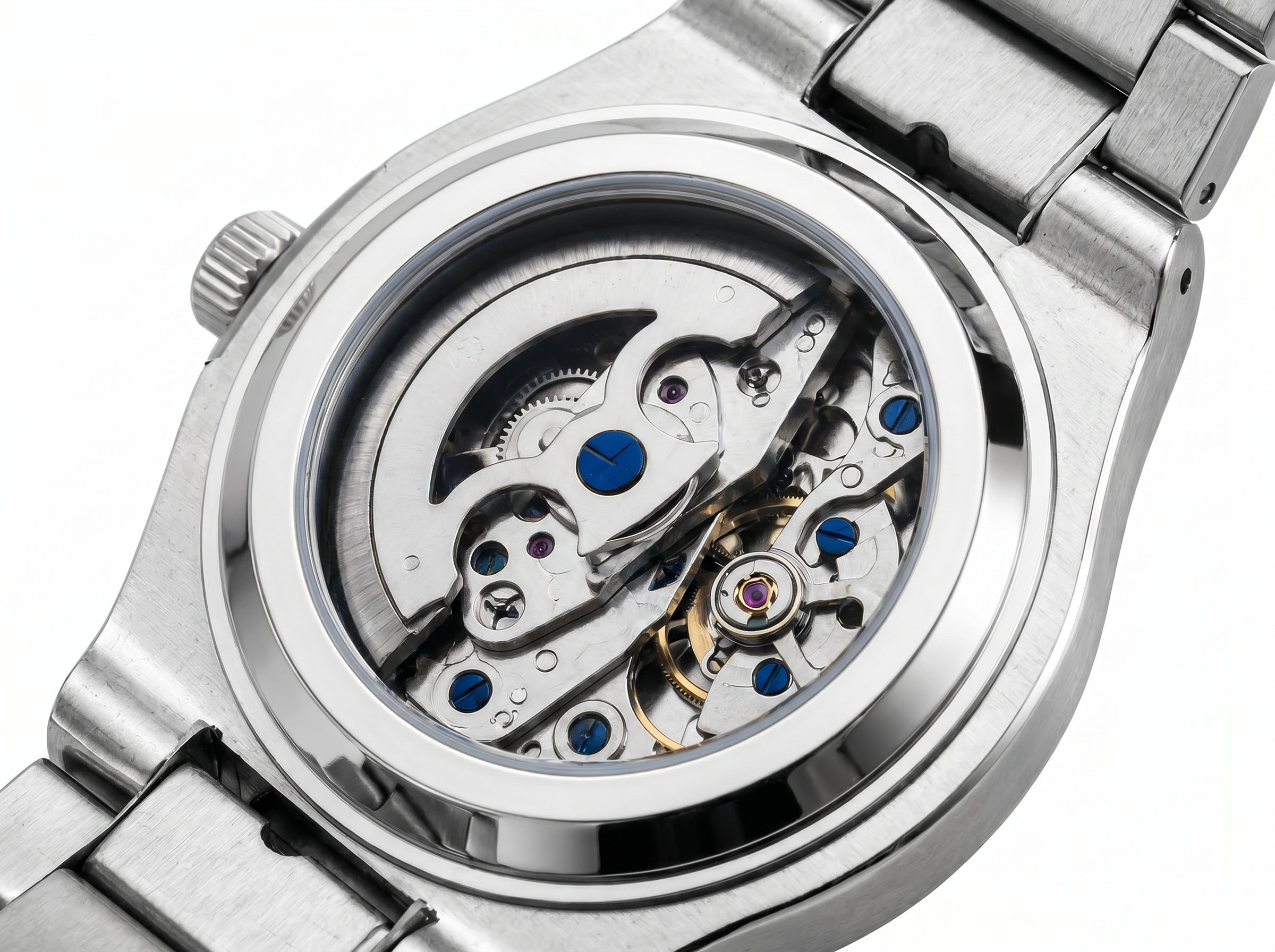 Image of William Corbier PIVOT silver skeleton watch, automatic movement seen through the case back