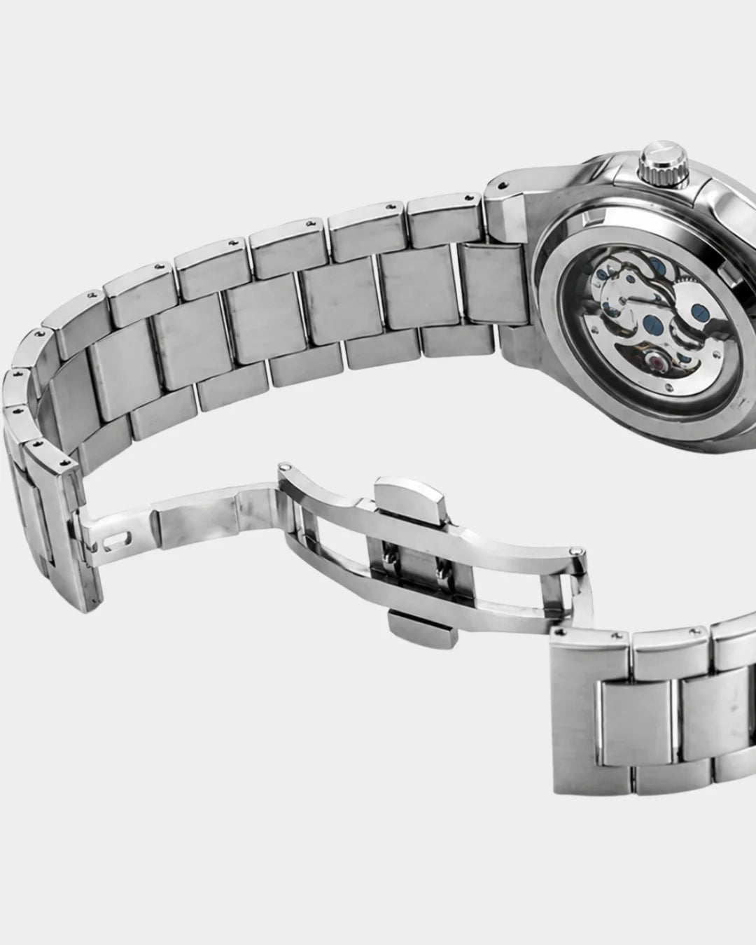 Image of William Corbier PIVOT Silver Mist men's automatic skeleton watch, bracelet with the butterfly clasp open