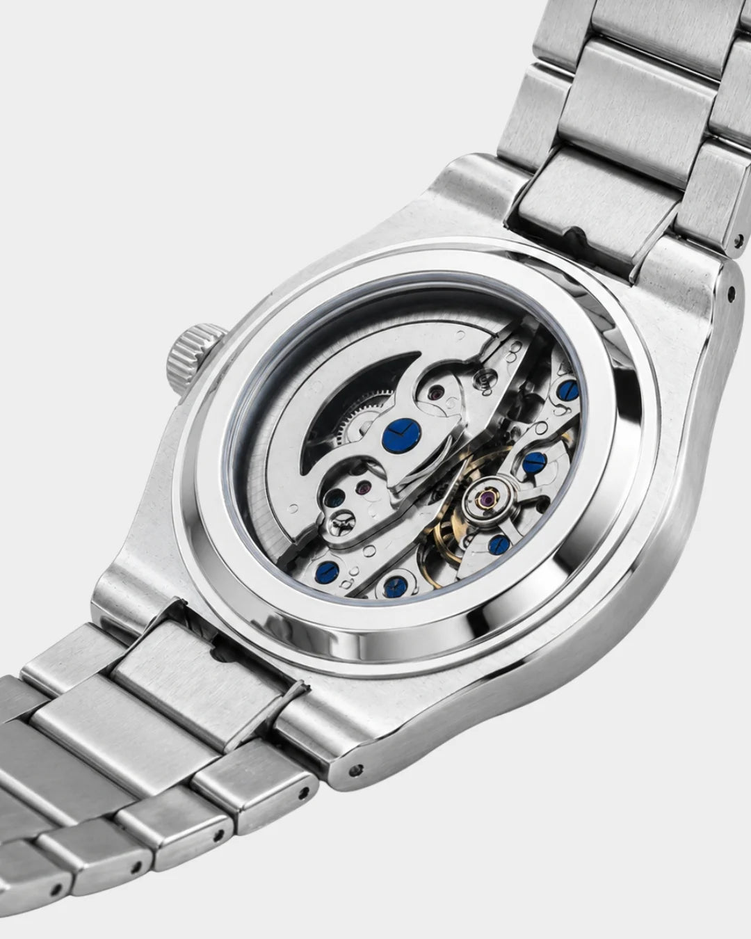 Image of William Corbier PIVOT Silver Mist men's automatic skeleton watch, case back with the automatic movement visible