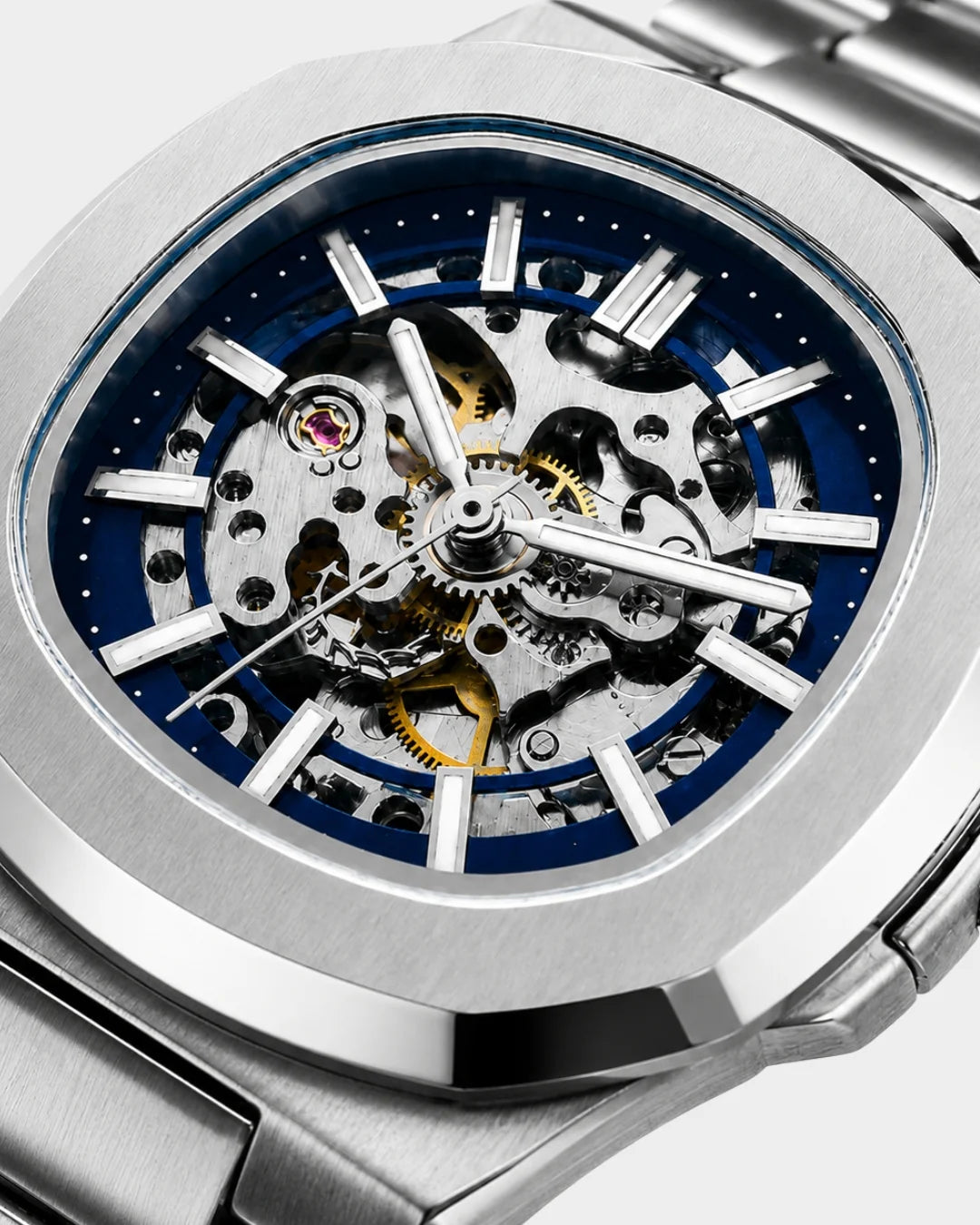 Image of William Corbier PIVOT Silver Mist men's automatic skeleton watch, close-up of the dial