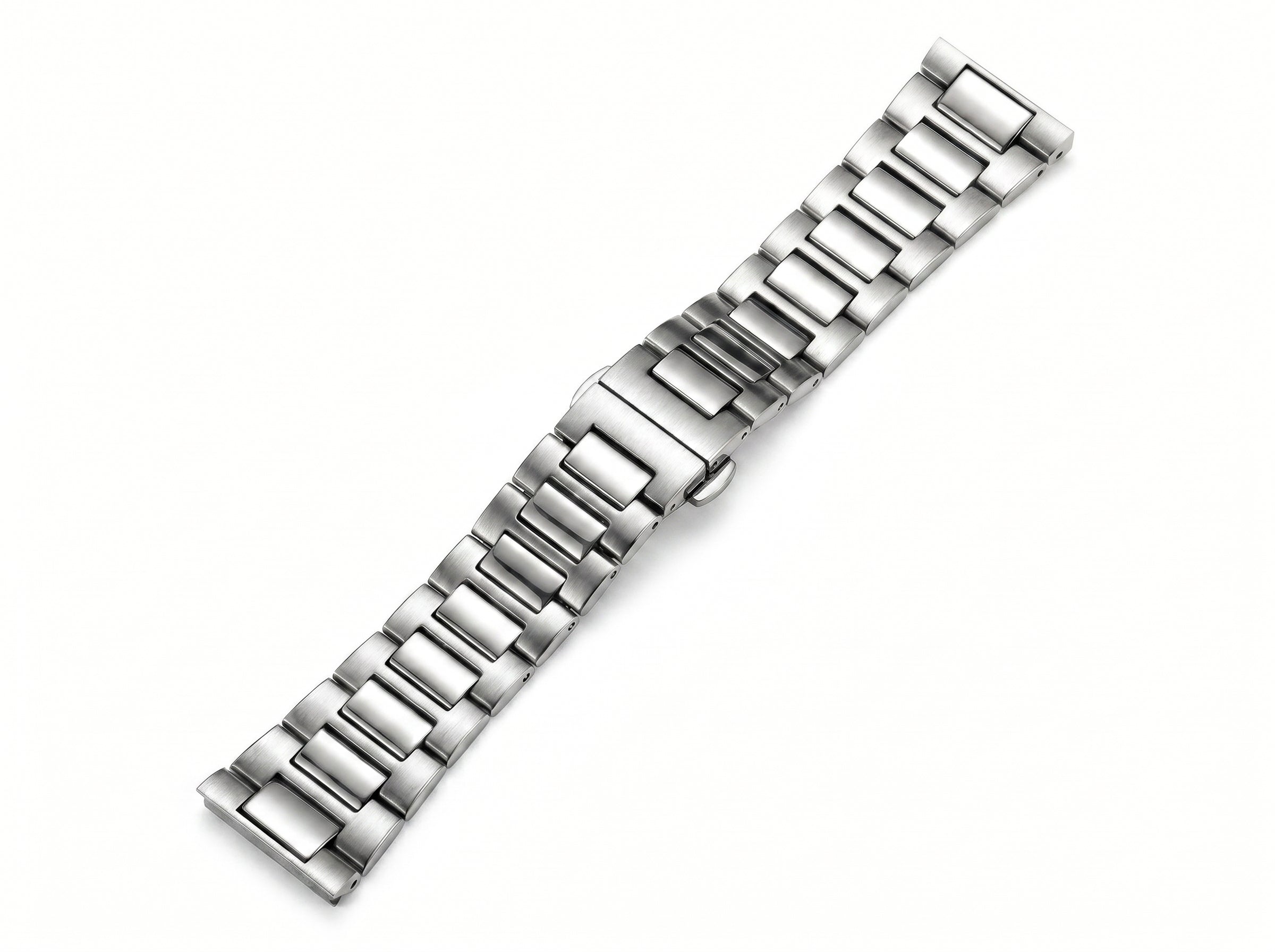 Image of William Corbier PIVOT silver stainless steel watch bracelet laid flat on a white background