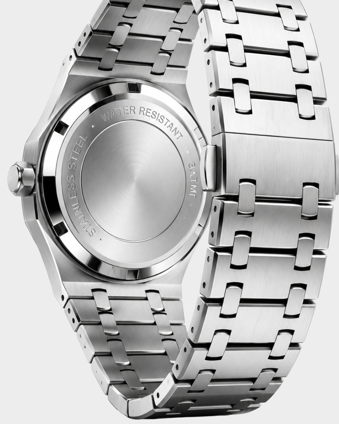 Image of William Corbier RIDGE Alpine men's white dial steel watch, case back and bracelet clasp