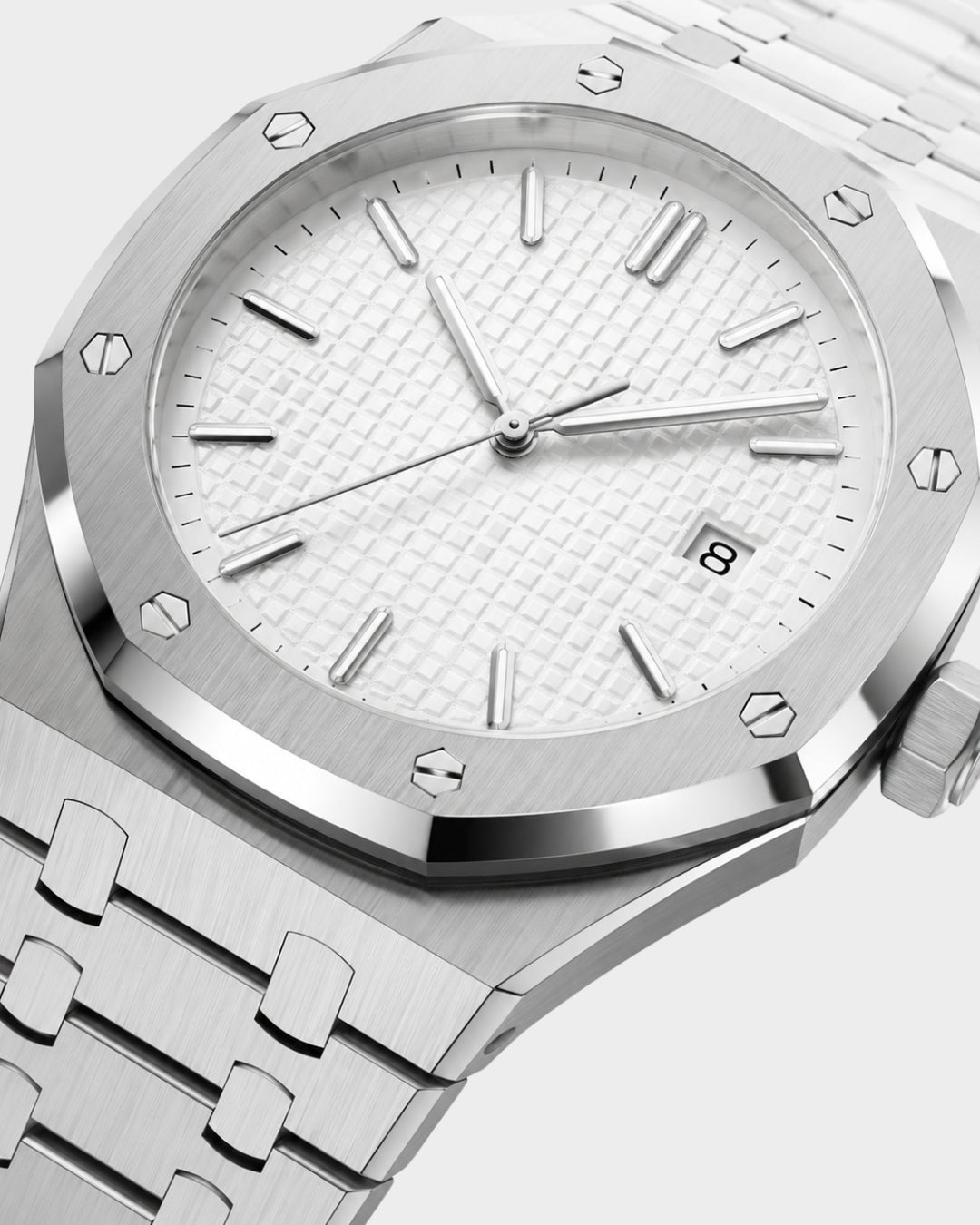 Image of William Corbier RIDGE Alpine men's white dial steel watch, close-up of the dial
