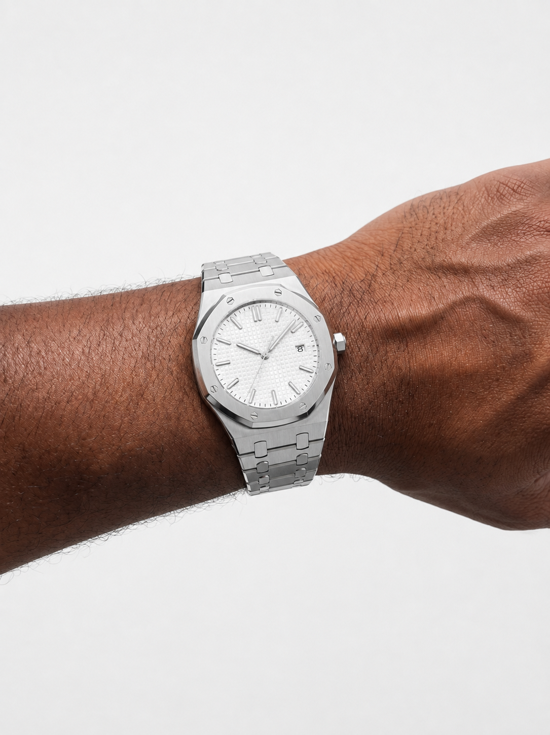 William Corbier RIDGE Alpine men's white dial steel watch, worn on an extended wrist
