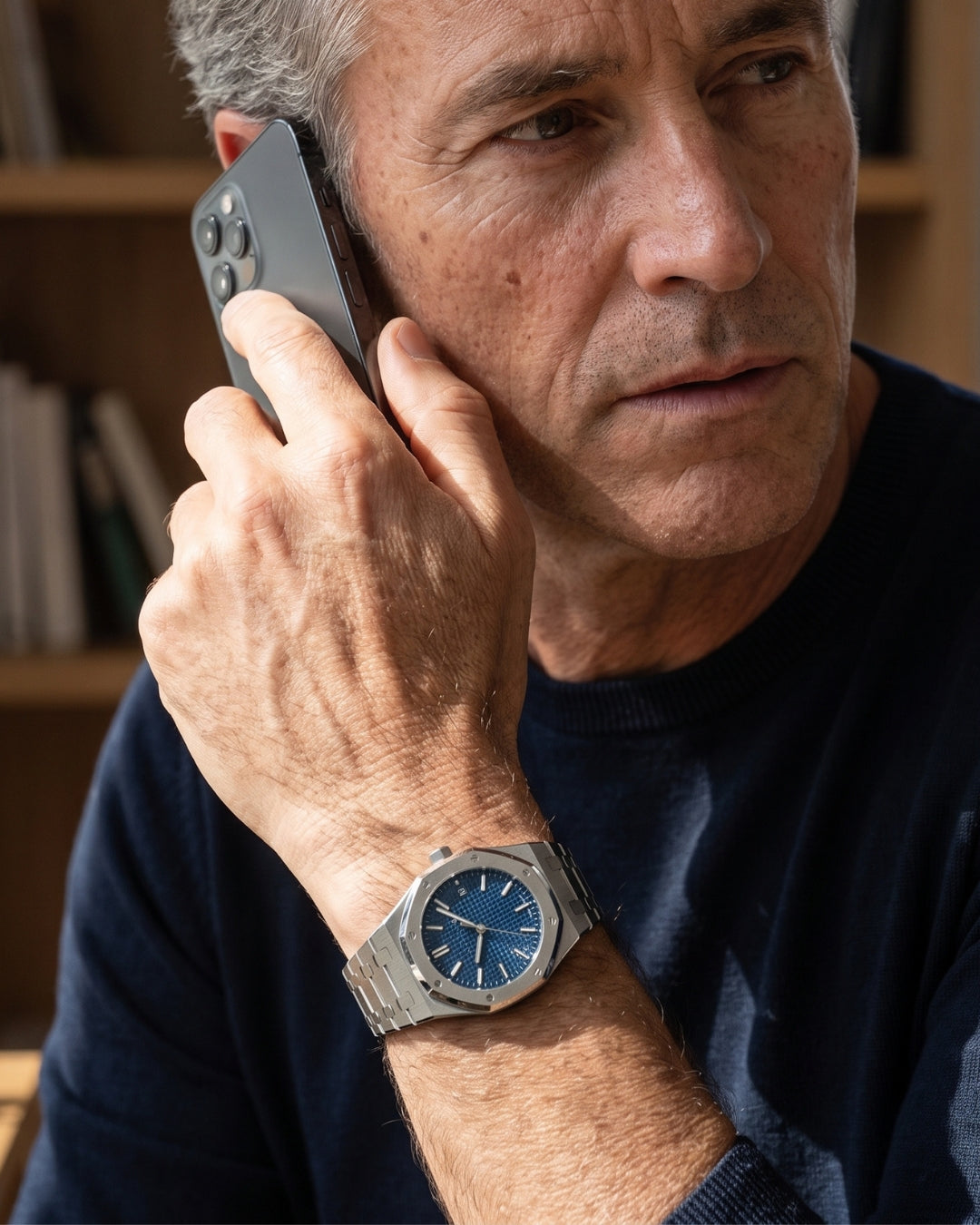 Image of Mature man on a phone call in a dark navy sweater wearing the William Corbier RIDGE Dark Azure men's blue dial steel watch